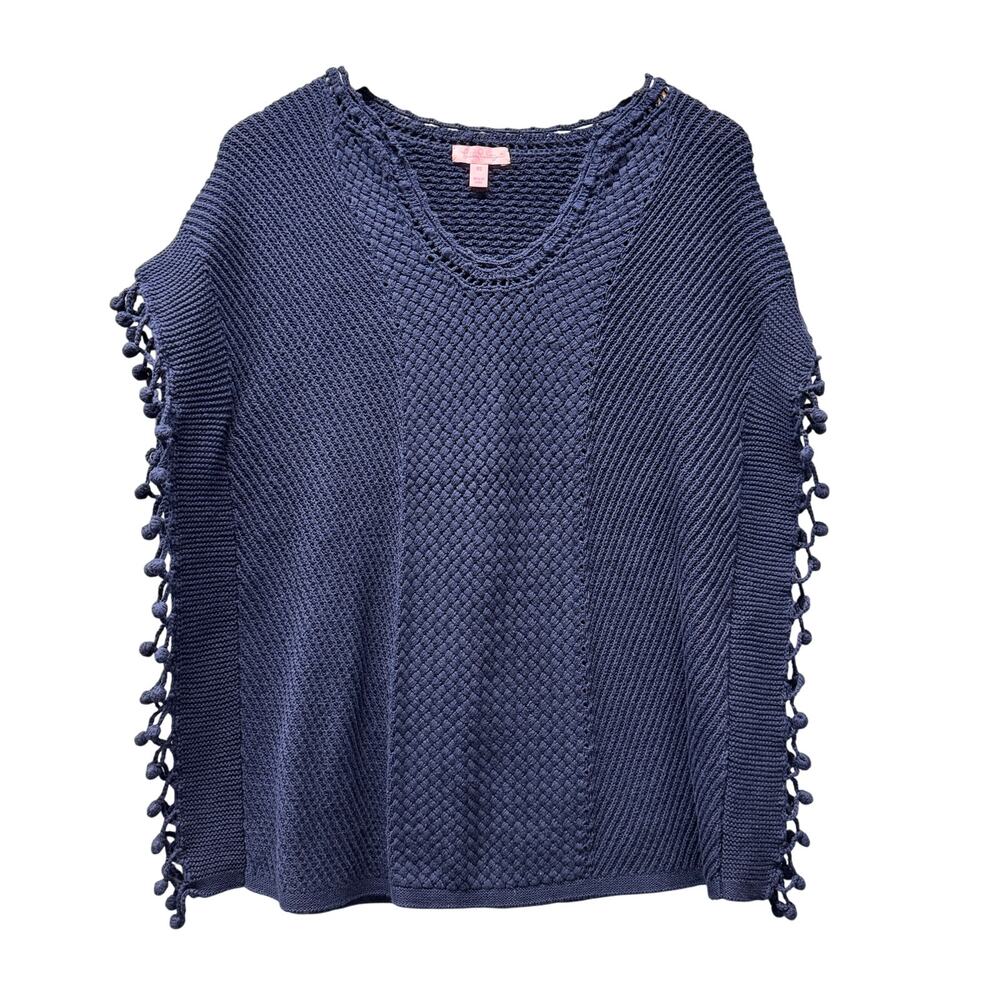 Lilly Pulitzer Sweater Womens XS Blue Sleeveless Pullover Knit Pom Pom Cover Up